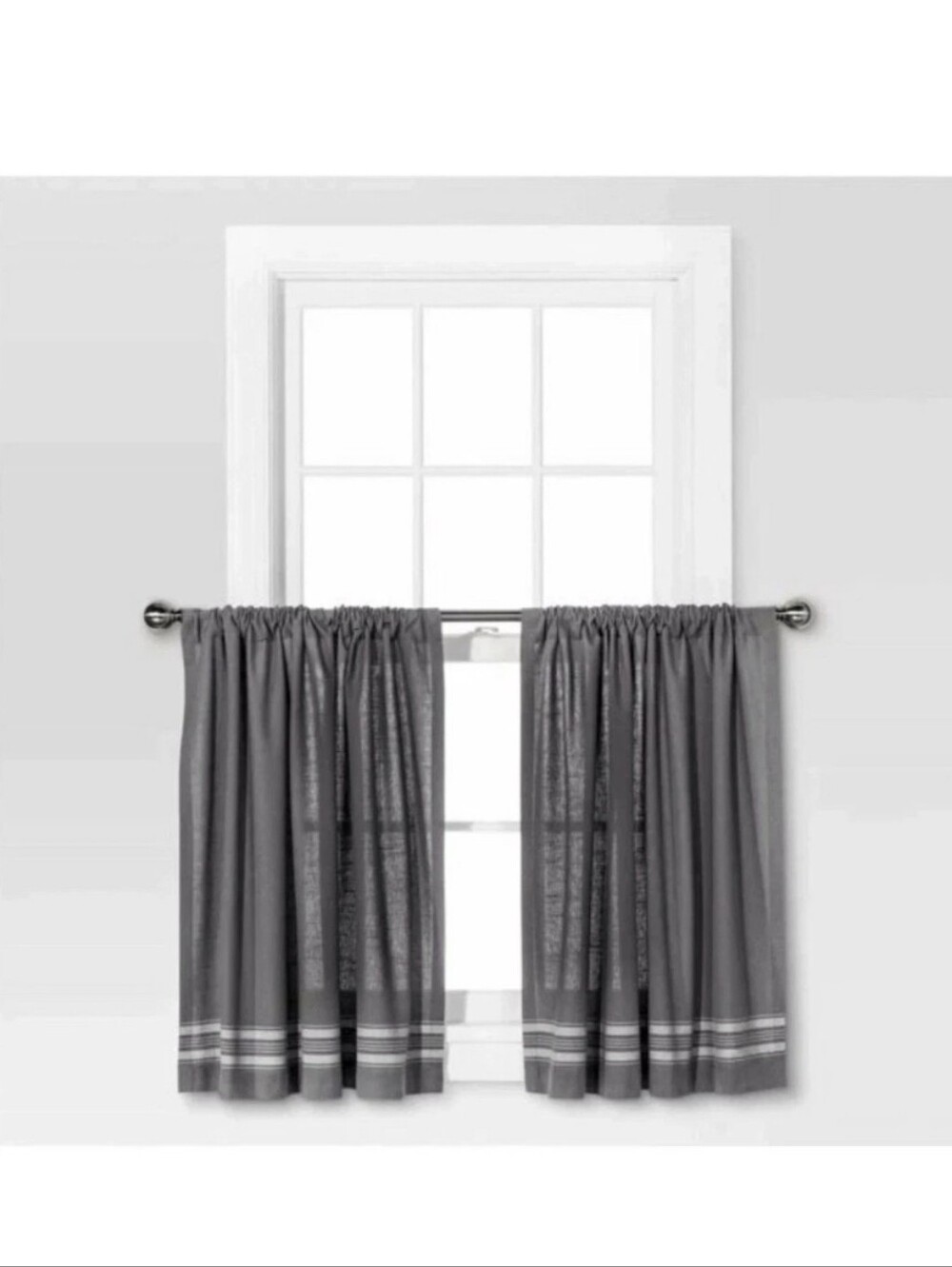 Threshold Light Filtering Cafe Curtain 42inch×36inch Gray w/Cream Stripe - (Set